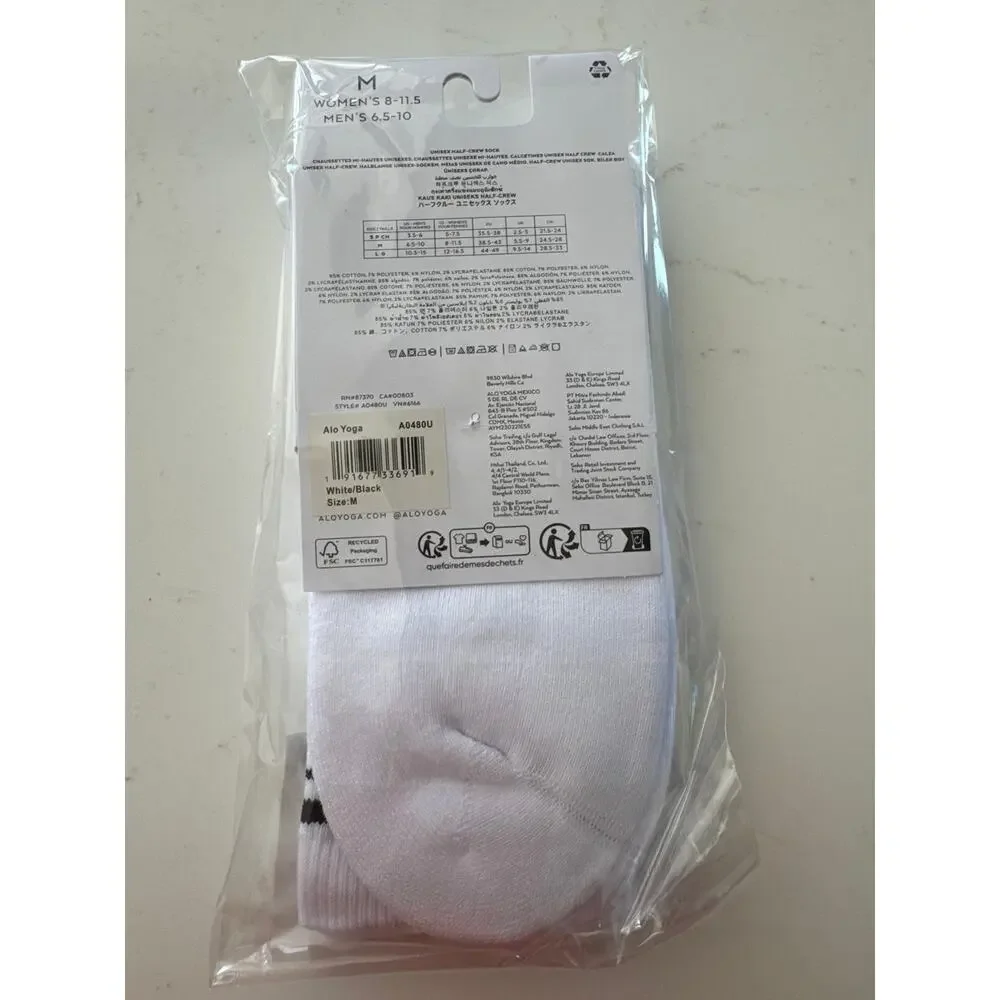 Alo Unisex Half Crew Throwback Socks Size Medium White and Black